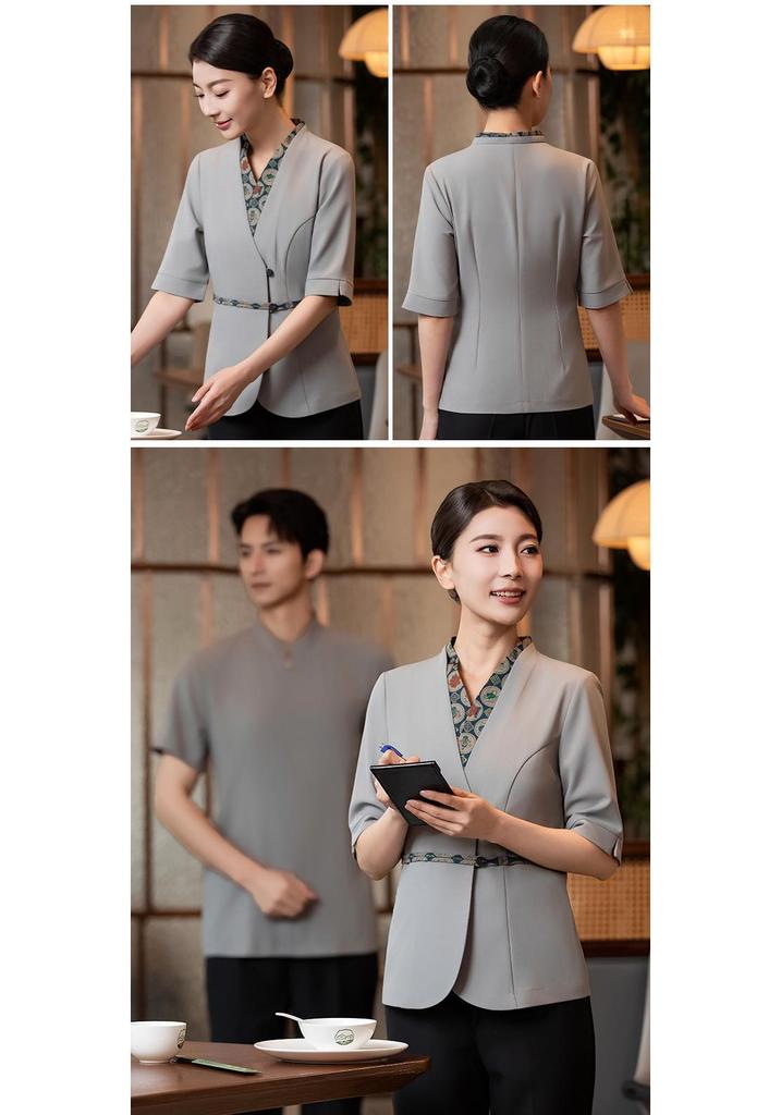 Damen Sommer Kurzarm-Uniform: Chinesischer Stil Catering, Hotel Lobby, Hot Pot Restaurant Empfangskleidung