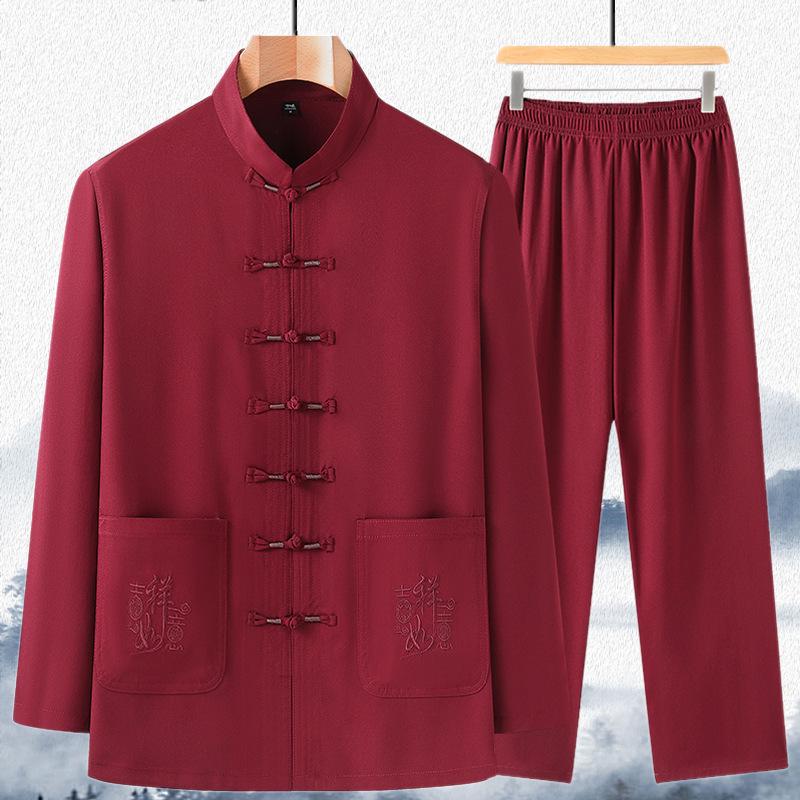 Pánský Tang oblek s dlouhým rukávem: Hanfu v čínském stylu pro jaro/léto - Ideální pro střední věk a seniory, tatínkovo a dědečkovo tričko na tai-či