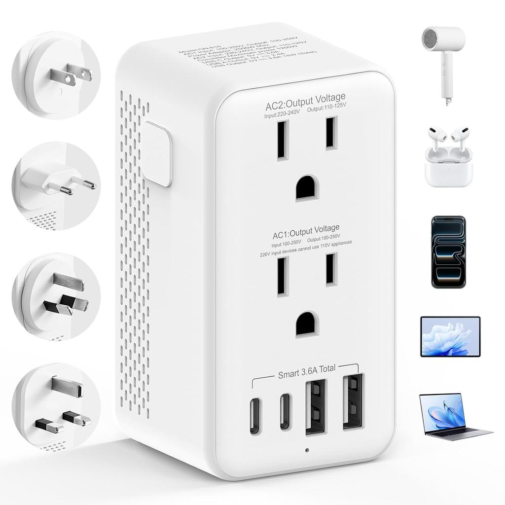 Travel Voltage Converter 220V100V Conversion 1 Wide Socket + Step-down 4 USB Ports (2 USB-C) Integrated C BF O Plug Compatible America Europe South