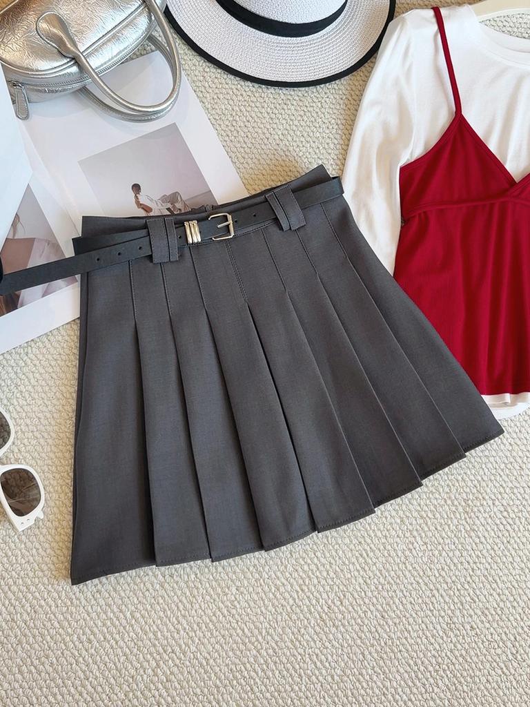 Women's Gray High-Waist A-line Pleated Skirt - 2026 Spring/Summer College Style