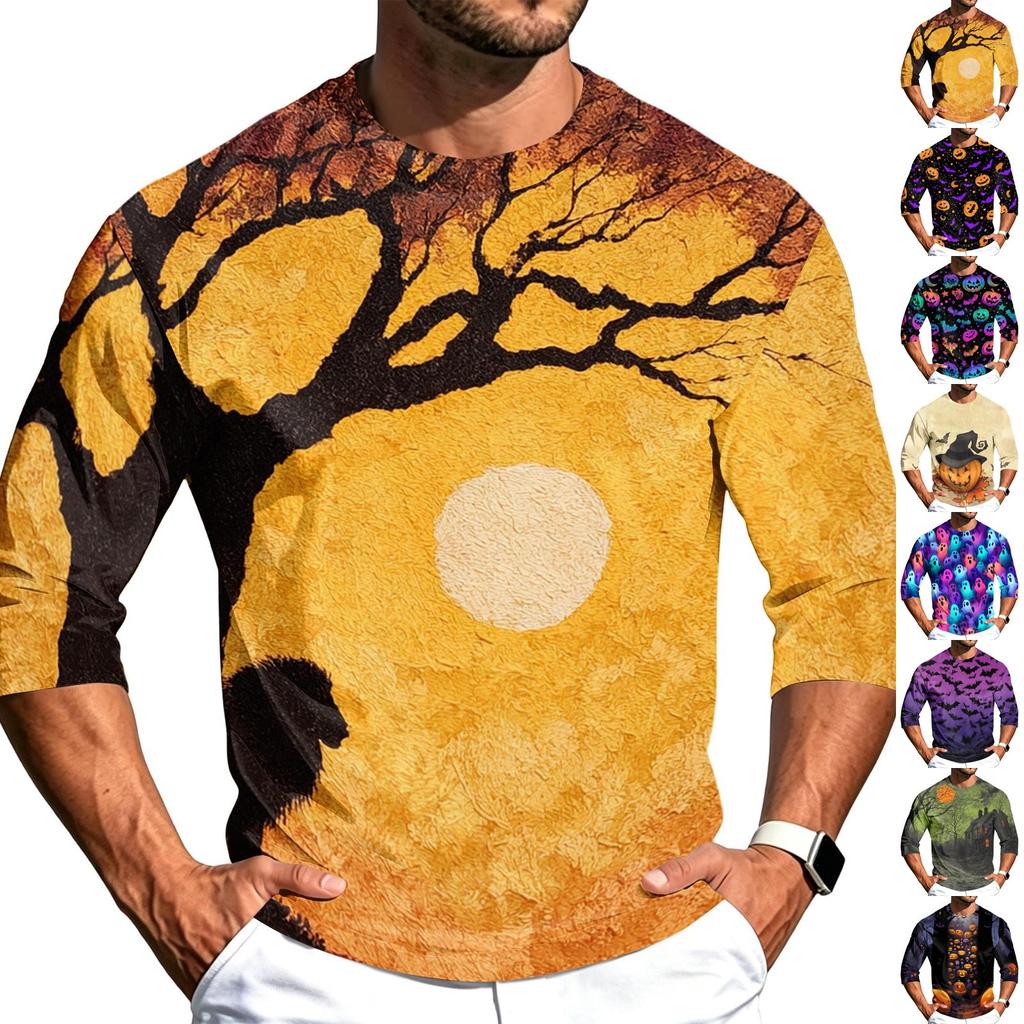 Men's Casual Halloween Printed Crew Neck T-Shirt Three Quarter Sleeve Top Lightweight Comfortable Fit Graphic Tee for Everyday Wear