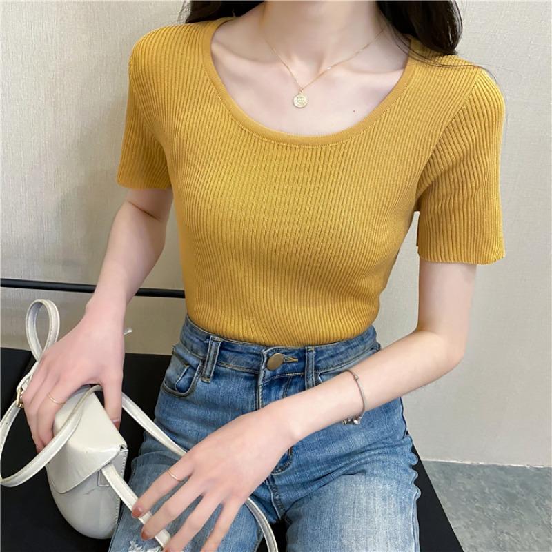 New Summer Round Neck Knitted Short Sleeve T-shirt Women Slim Fit Elastic Solid Casual Women's T Shirts Tops Fashion Elegant Simple Female Tee 26319