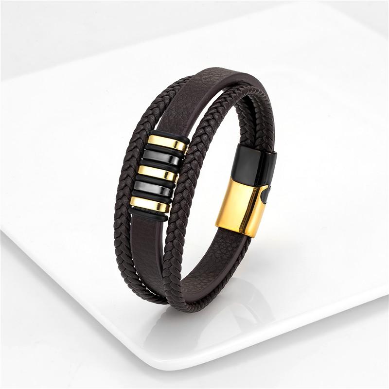 European And American Popular Stainless Steel Leather Bracelet Men's Multilayer Woven Leather Bracelet