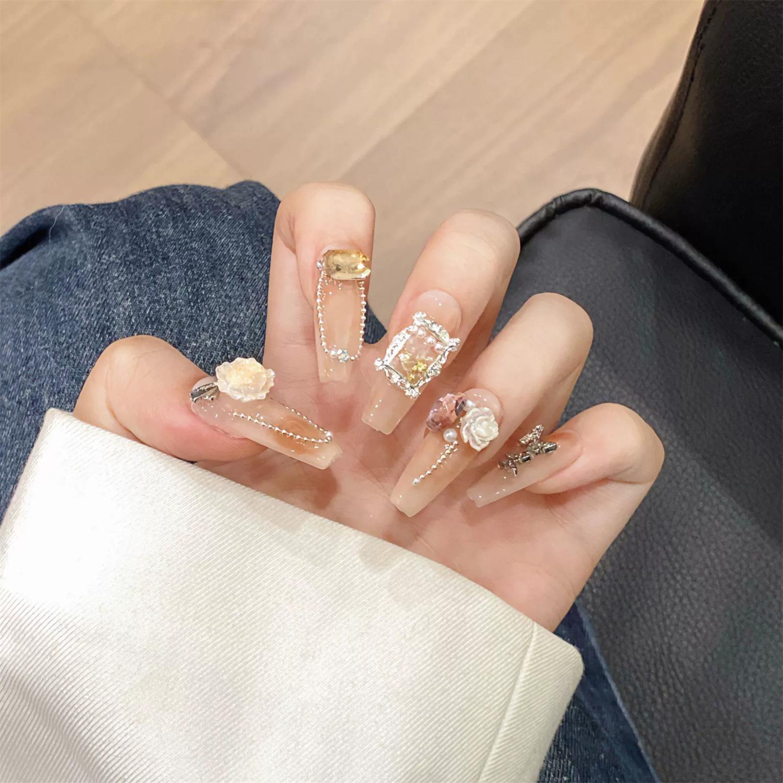 10Pcs Hand-painted Peony False Nails Floral Press-On Nails Chinese Peony Design Acrylic Nails Set XS бежевый