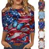 Women's Fashionable Casual Independence Day American Flag and Stars Print Neck Three-Quarter Sleeve T-Shirt Top