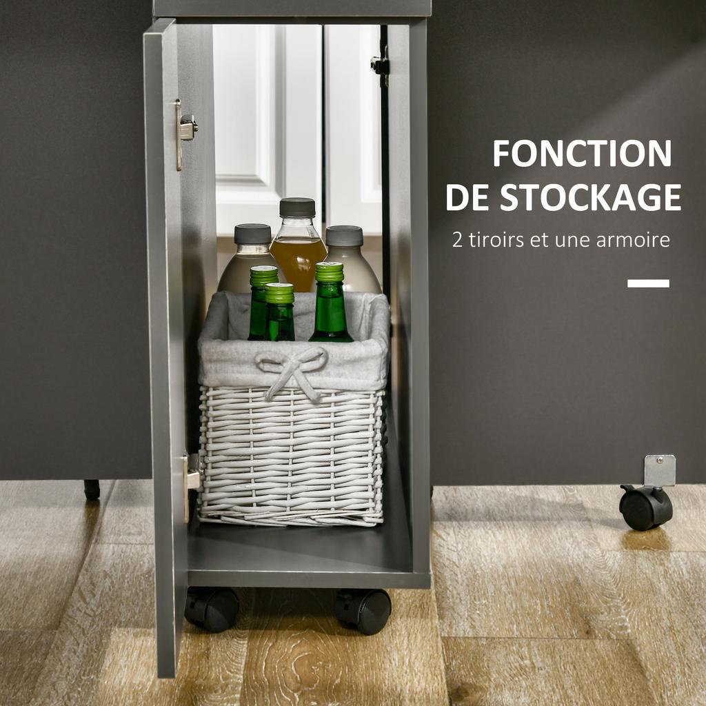 Folding dining table on castors with storage 2 drawers and 1 cupboard 76 x 140 x 74 cm