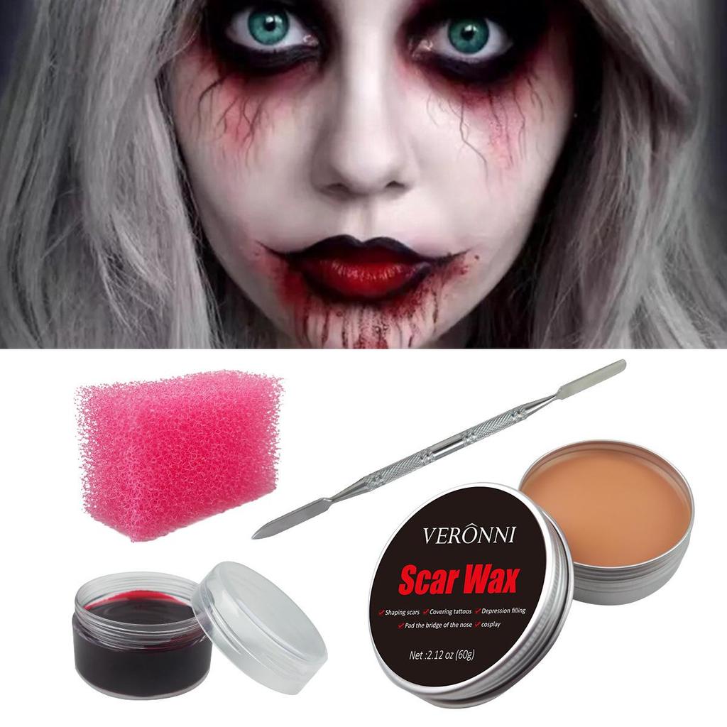 Modellier-Hautwachs-Set für Film- und TV-Make-up: Halloween Messerwunde, Narbe, Blut, Augenbrauen- und Nasenkorrektor.