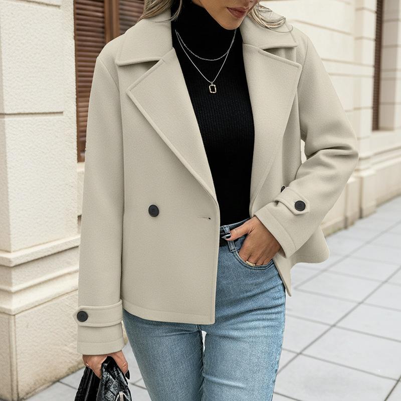

Women s Double Breasted Wool Coat, Cropped Casual Coat with Lapel Collar, Loose Fit Long Sleeve Outerwear XL