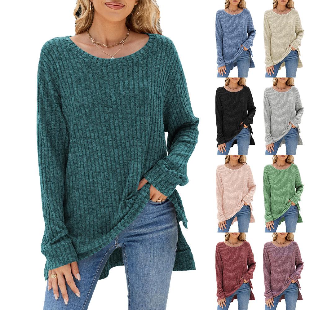Women's Round Neck Long Sleeve Knit Top Loose Fit Commuter Style Brushed Ribbed Split Hem Casual Pullover Tunic Top