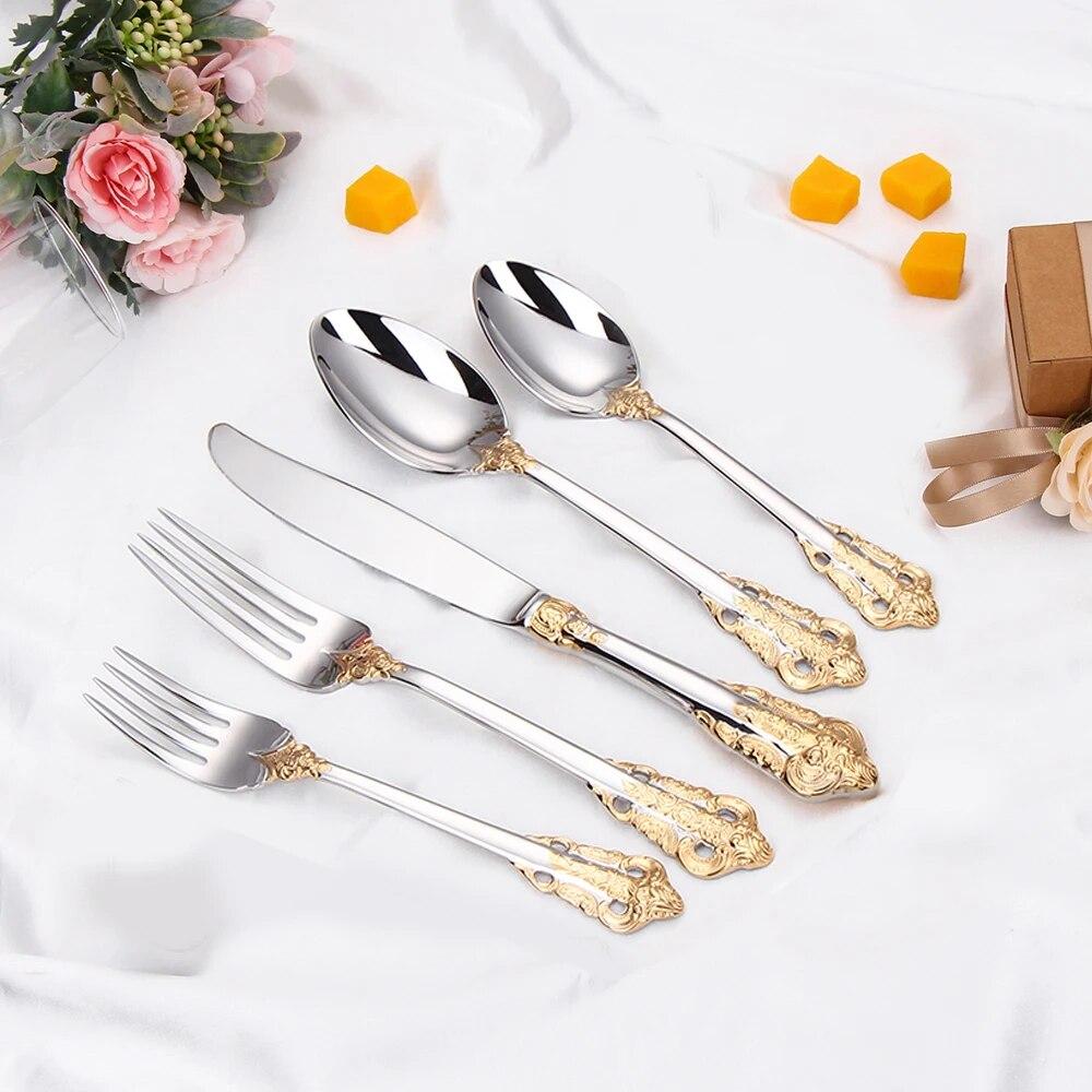 24/30Pieces Gold Cutlery Set Stainless Steel Vintage Western Dinnerware Luxury Tableware Engraving Forks Knive Spoons Sliverware