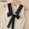 VONDA Women Sleeveless Bow Knot Slim Waist Stitching Pleated Dress