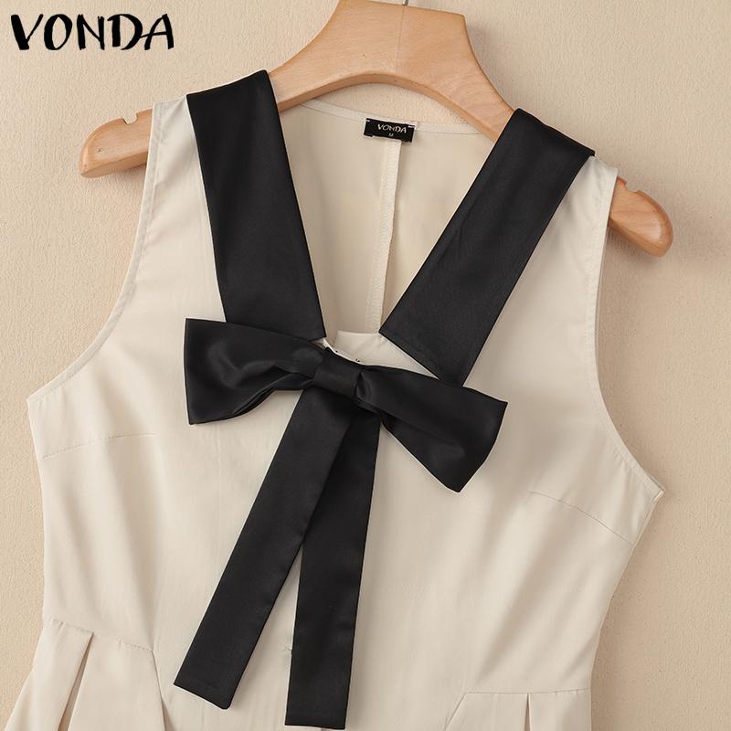 VONDA Women Sleeveless Bow Knot Slim Waist Stitching Pleated Dress
