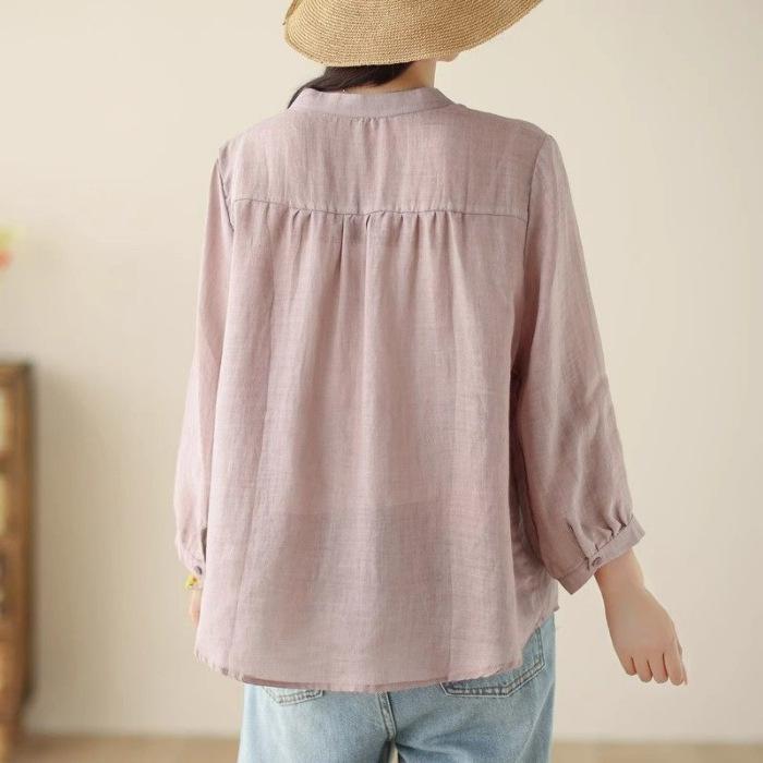 Women's Summer Cotton-Linen Three-Quarter Sleeve Shirt: Loose-Fitting, Slimming, Casual, and UV-Protective Top