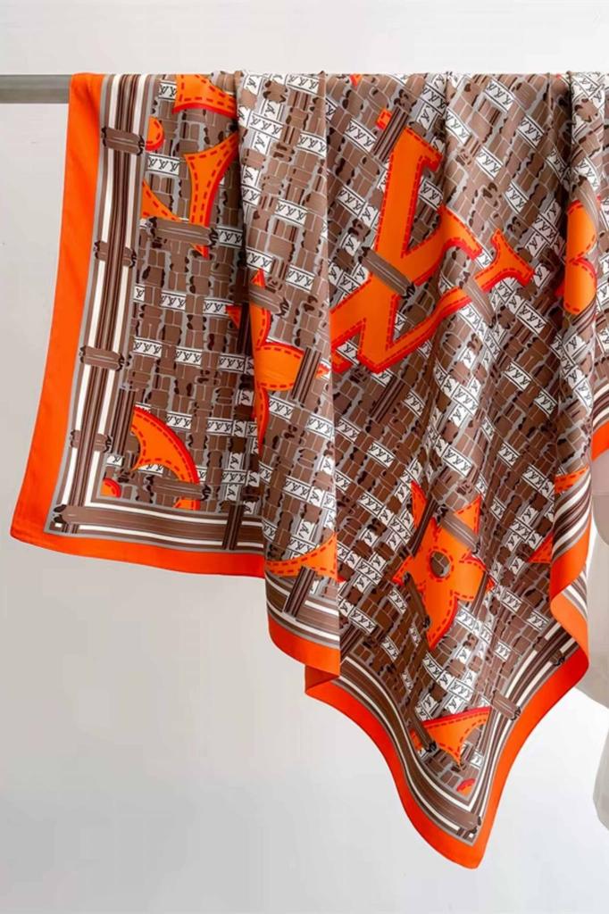 Women' Scarf 90X90 Brown and Orange - Geometric Pattern in an Artistic Style