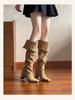 Retro Spice Girls Square Head Versatile Thick Heel Boots 2025 New Two Wear Fold Over Knee Belt Buckle Pile Boots