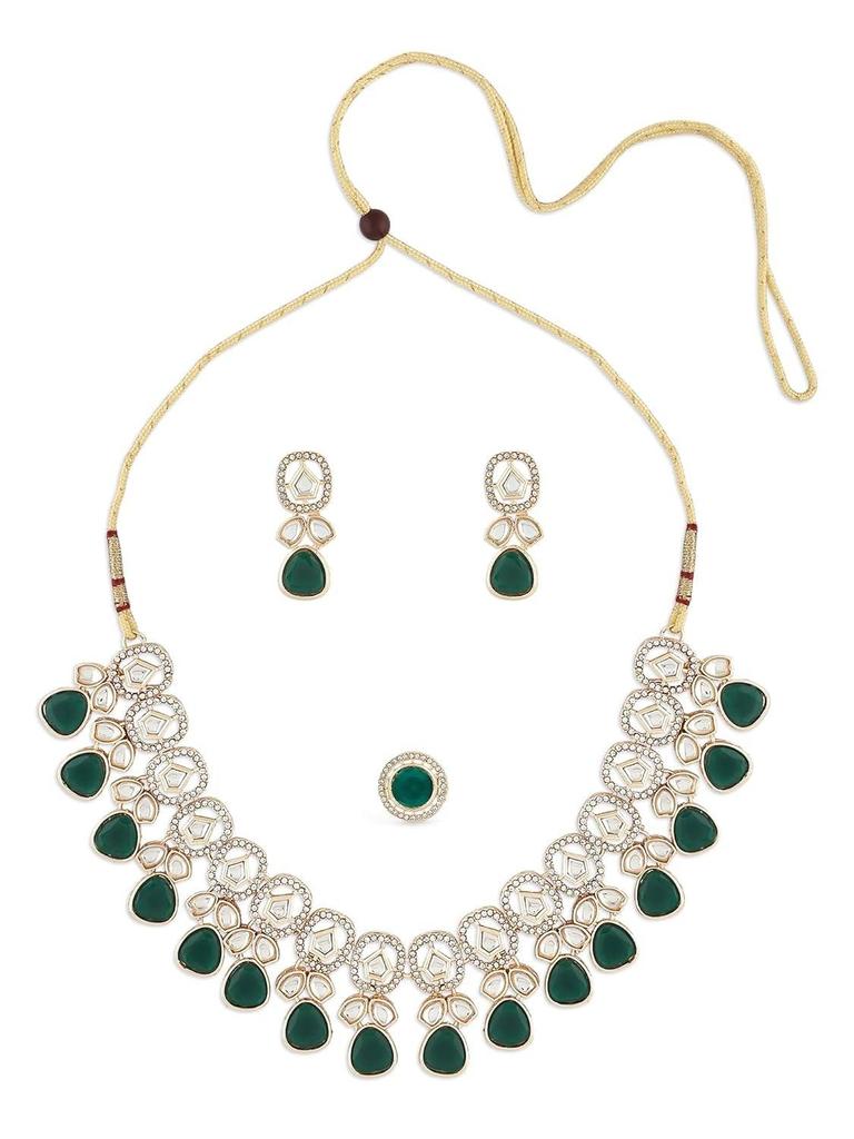 Green Kundan Stones & Austrian Diamonds Necklace Earring & Ring Set For Women