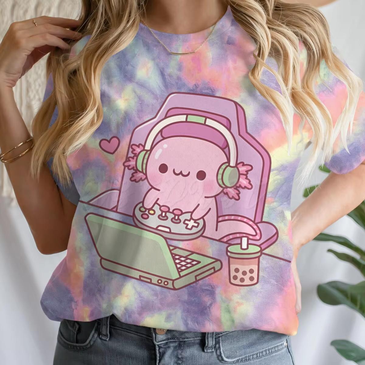 

Girls Summer Clothes Cute Axolotl Playing Games Graphic T-Shirt 3D Print Tie Dye Children s Clothing for Girl Short Sleeve Tee XL