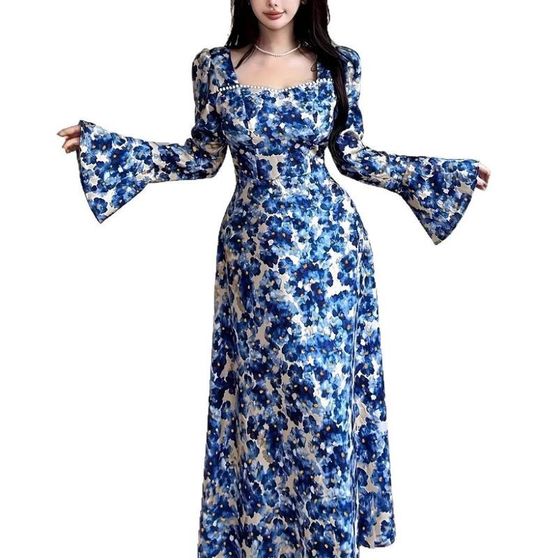 Damen Vintage Kleid Frühling Eckiger Kragen Puffärmel Taillenverschlankend Großer Schwung Blumenkleid