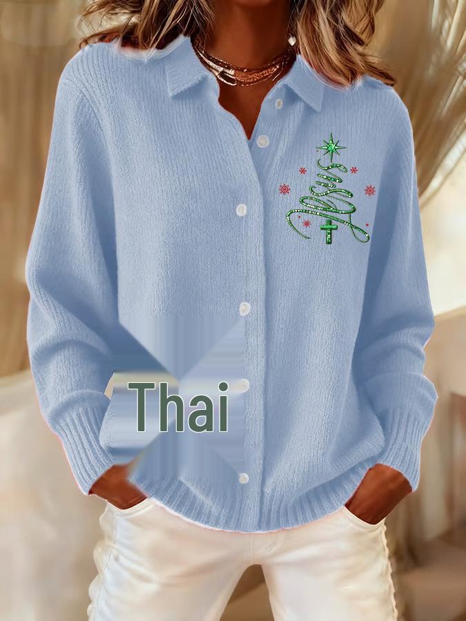 2026 New Women's 3D Print Lapel Cardigan Knit Shirt - European American Christmas Autumn Winter Top