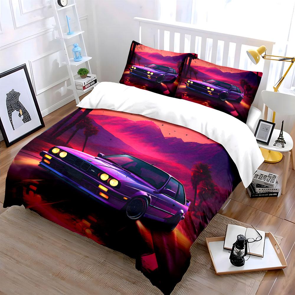 Purple Retro Car With Dreamy Background Bedding Set 1 Duvet Cover 2 Pillowcases For Adult And Children Luxury Gift Full Size