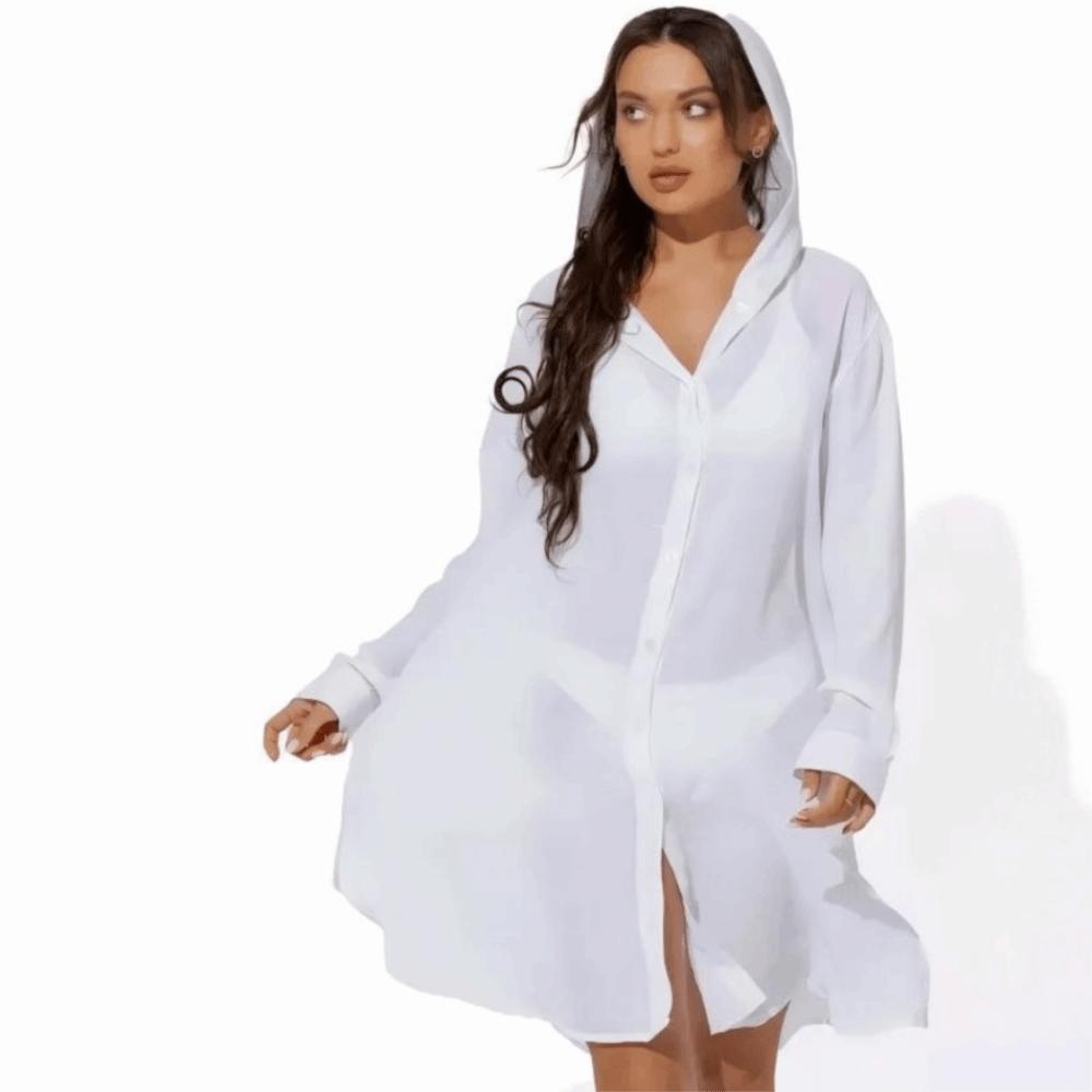 Solid Color Button Down Tunic Dress Long Sleeve Blouse Tops Beach Bikini Cover-up  Vacation Outfit