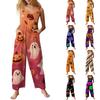 Women's Sleeveless Jumpsuit Casual Halloween Print Cotton Romper Loose Fit Wide Leg One Piece Outfit with Pockets