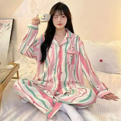Pajamas Women Spring and Autumn Girls Cute and Sweet Loose Version Can Be Worn Outside Lapel Long-sleeved Trousers Home Service Suit