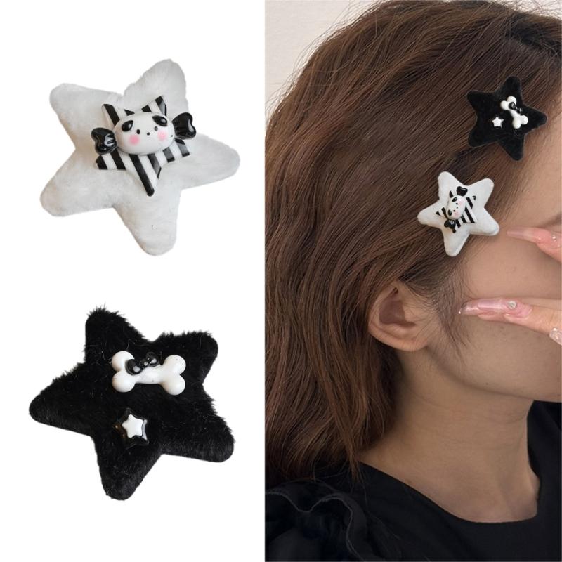 1 Stück/1 Paar Plüsch-Sternform-Haarnadeln mit Harz-Welpen-&Knochen-Dekor Mädchen Harajuku Haarspange Karneval Zopf-Haarspange