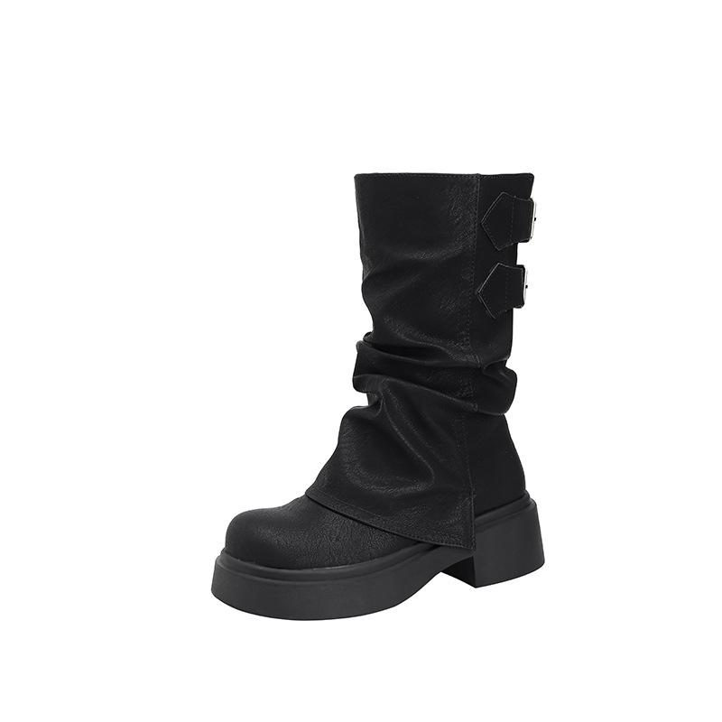 British style short boots children 2025 new autumn and winter pleated knight boots thick-soled trouser tube boots women's pile student boots