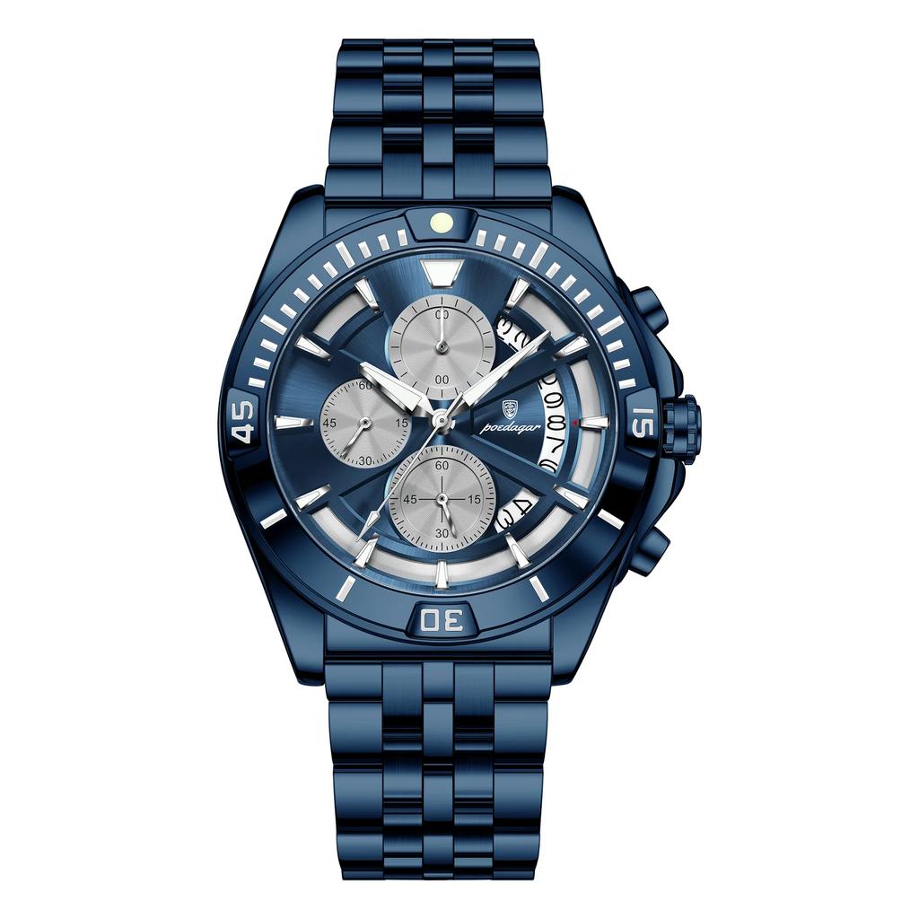 Men Chronograph Watches Stainless Steel Analog Quartz Wrist Watch Waterproof Luminous Date Business Dress Watch for Men