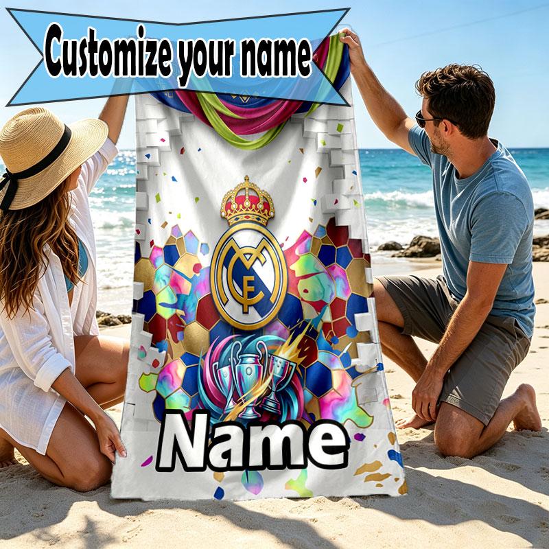 Custom Name Personalized Real Madrid Football Print Beach Towel, for Trip Camping Beach Party Home Decor, Birthday Gift for Family & Friends