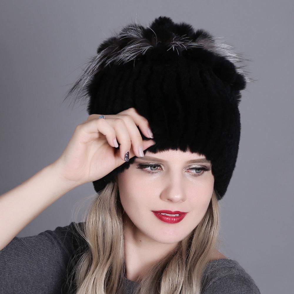 Winter Premium Rabbit Fur Beanie Hats Genuine Rabbit Fur Caps Women Winter Fur Rex Rabbit Knitted Hats Warm Beanie Caps