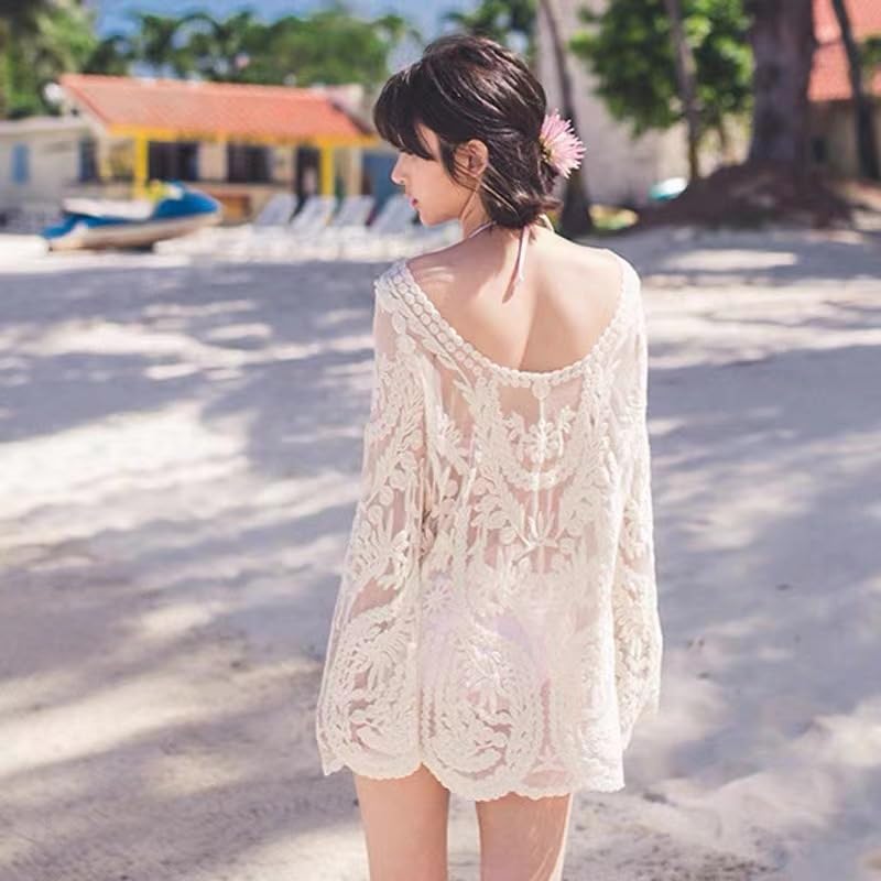 Lace Embroidered Lace Perfect for the and Slimming Swimwear Outerwear [88flix] Top, Long, Beach, Pool, Suntanning, See-Through,