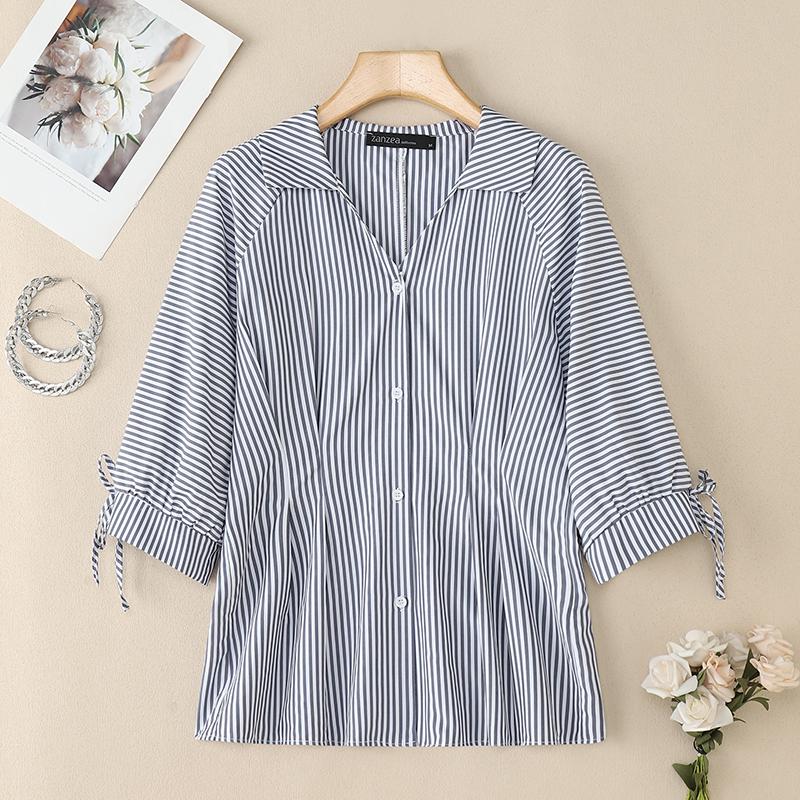 

ZANZEA Женская свободная летняя блузка с отложным воротником и коротким рукавом в полоску L тёмно-синий