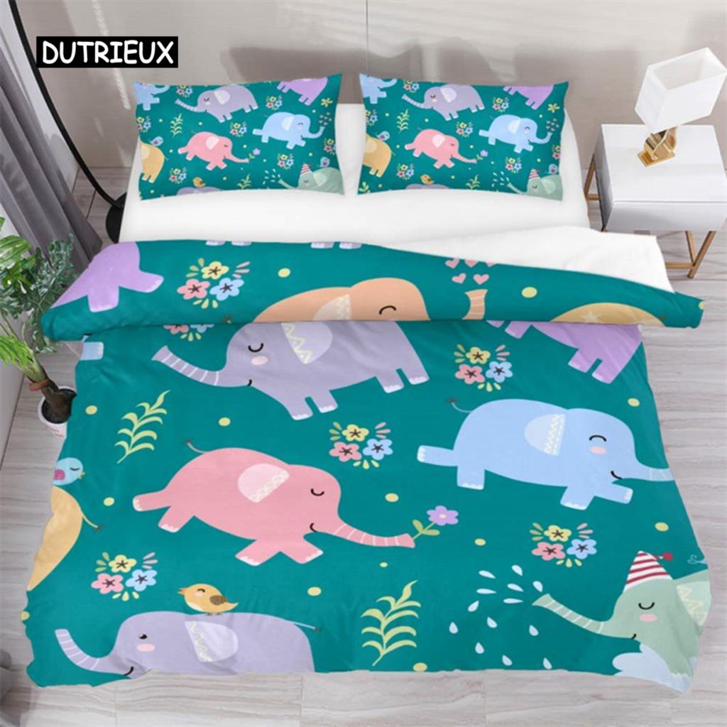 Kids Cartoon Elephant Duvet Cover Lovely Animal Theme Bedding Set Full For Girls Boys Kawaii Room Decor Microfiber Quilt Cover