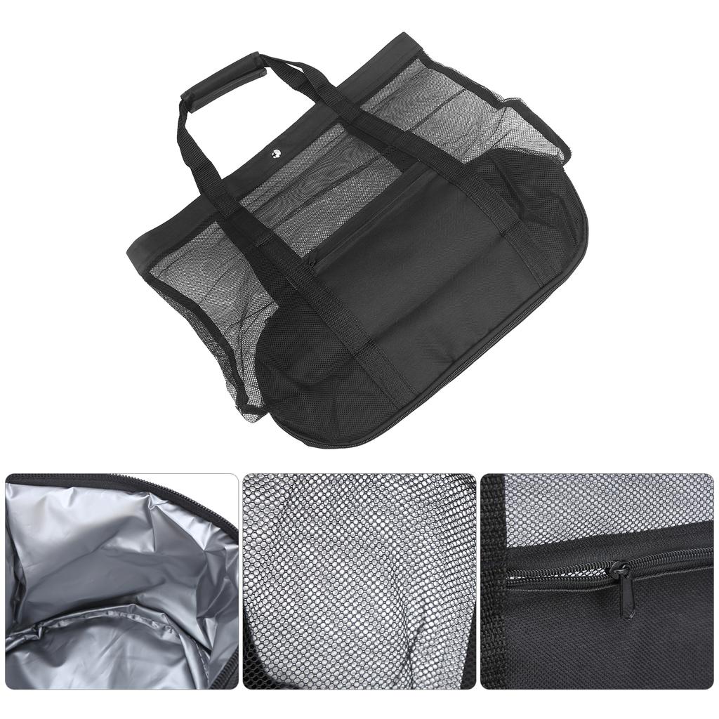 Camping Beach Mesh Tote Bag with Detachable Cooler Bag Multifunctional Packing OrganizerBlack