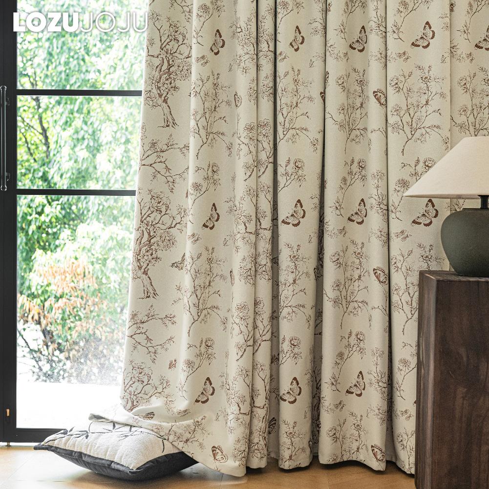 1PC LOZUJOJU French Retro Blackout Curtains with Butterfly Floral Print Curtains Thick Curtains for Bedroom Living Room Window for Home Decor