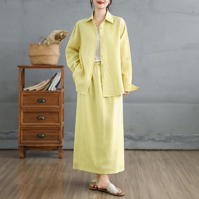 Old Money Style Women's Cotton Linen Shirt and Skirt Set - Elegant Slimming Two-Piece Outfit