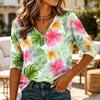 Damen Lässiges Hawaiian-Print-Hemd mit V-Ausschnitt, 3/4-Ärmel, Leichte Sommerbluse, Locker geschnittenes Oberteil für den Alltag