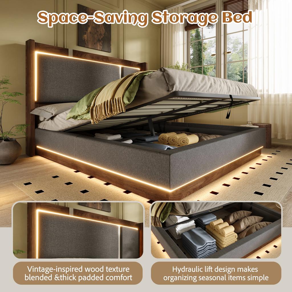 160x200 Double Bed Upholstered Bed with Slatted Frame, LED & Bed Drawer, Hydraulic, Linen Grey & Walnut, without Mattress