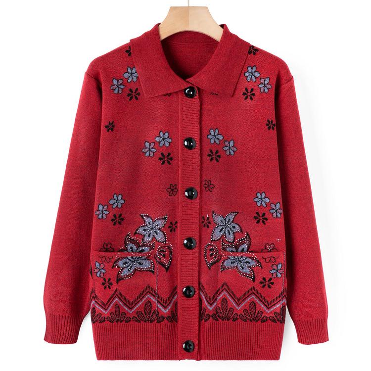 Old Lady Autumn Clothes Lapel Sweater Female Elderly Mother Sweater Jacket Autumn Clothes Mother-in-law Knitted Cardigan