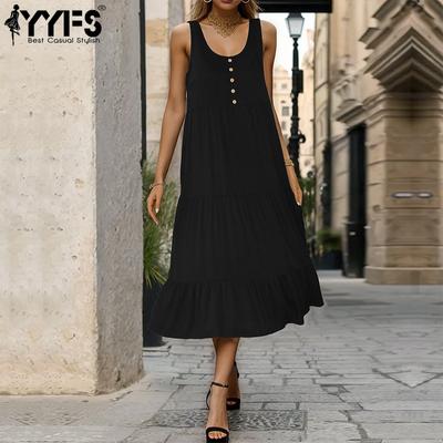 Women's Fashion Summer Spring Solid Color Print Sleeveless U-Neck Middle Waistline Casual Dresses