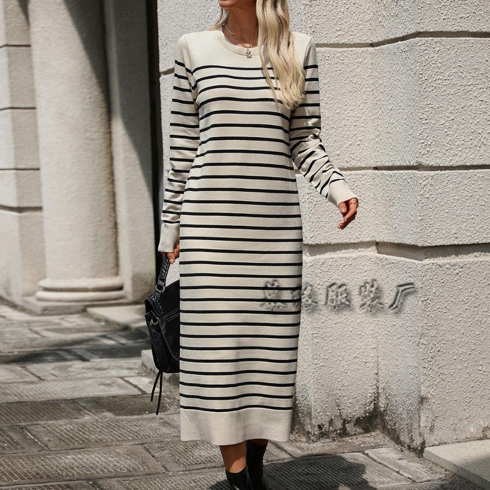 

Женский облегающий свитер с полосатой длинной юбкой, модное осенне-зимнее платье XL бежевый