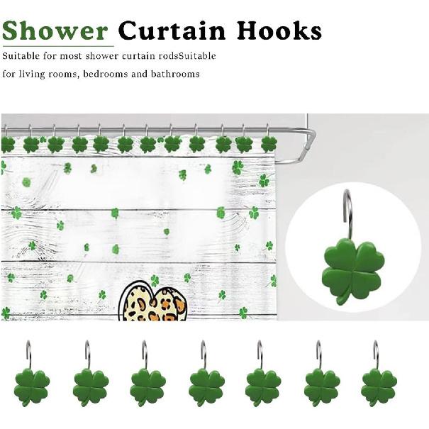 12 PCS Shamrock Shower Curtain Hooks Shower Decor, Rustproof Bathroom Decorative Shower Hooks, Green Shower Curtain Hooks Botanical Shower Curtain