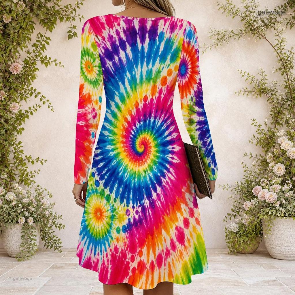 Women Criss Cross V Neck Long Sleeve Multicolor Printed Fitted Curved Hem Dress