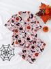 Dívčí pyžamový set Růžový s potiskem Halloweenských dýní a duchů, s knoflíky, krátkým rukávem, a šortkami, Dětské letní oblečení na doma, Pyžama pro dívky 4-7 let