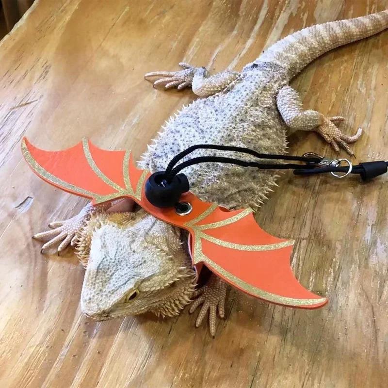 2024 New 3 Pcs Adjustable Bearded Dragon Leash With Bat Wings Soft Leather Lizard Harness For Amphibians And Other Small Reptile