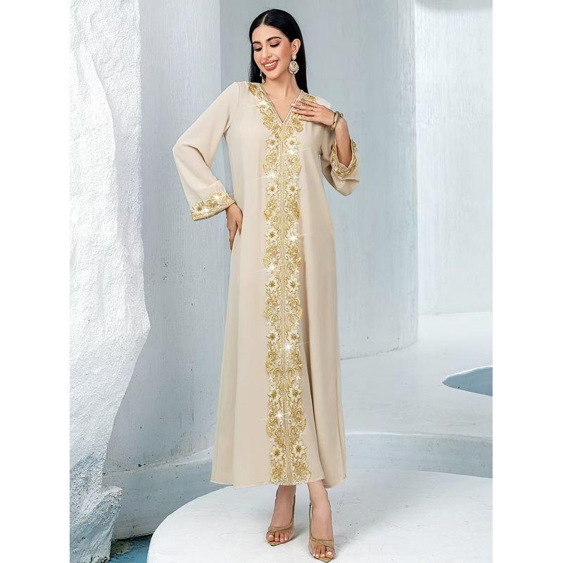 New V-neck Fashion Lace Bead Embroider Lace Patchwork Dress V-Neck Nail Bead Dress