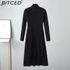 BITCED Women's Autumn Winter Plain Knitted Turtleneck Long Sleeve High Waist Sweater Dress