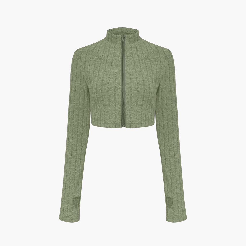 Damen einfarbiges geripptes Zweiteiler-Set: Reißverschluss-Cardigan-Top & High-Waist-Schlaghosen-Anzug für Herbst/Winter.
